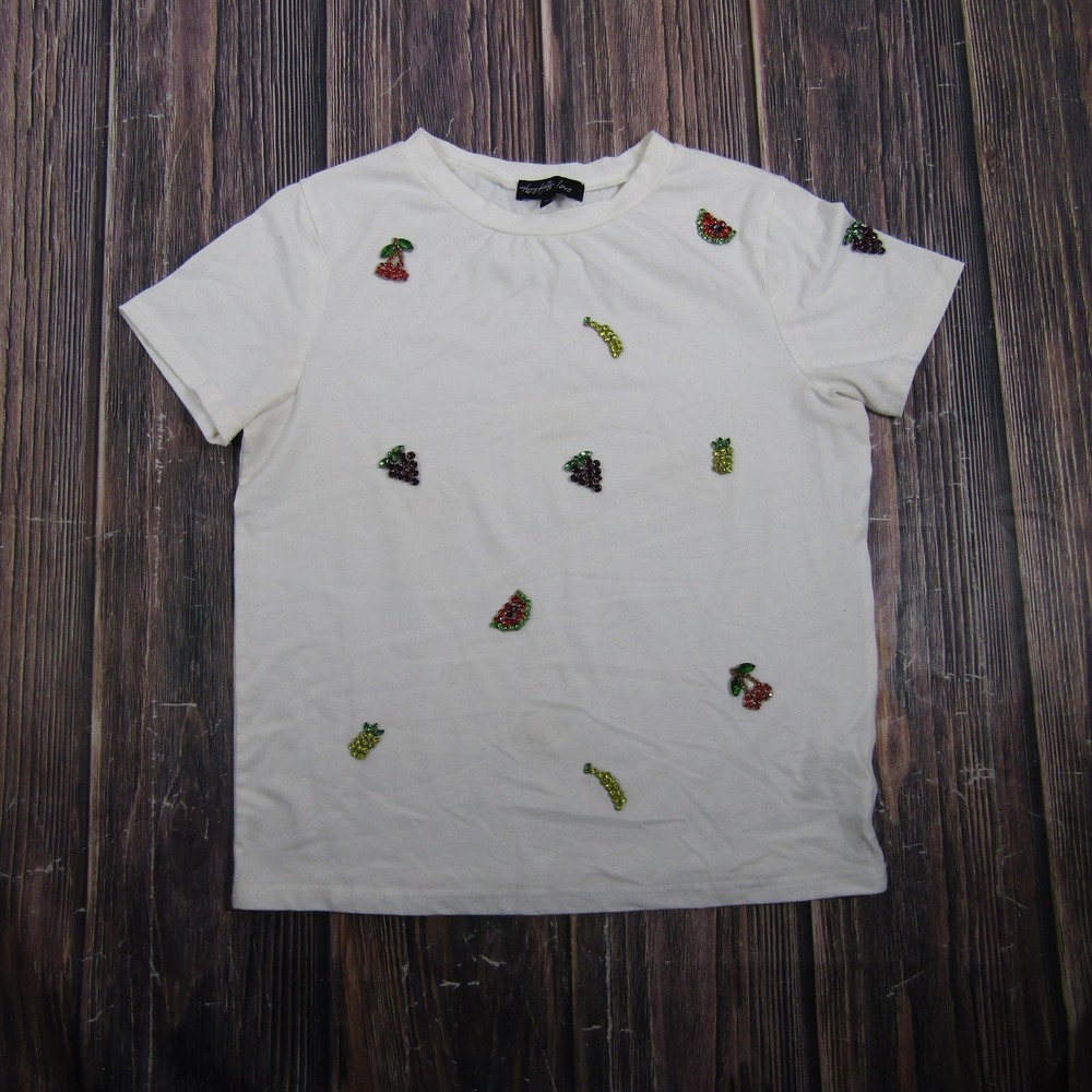 Twelfth Love Womens Small White Beaded Fruit T Shirt Short Sleeve Granny Core